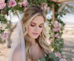 Beauty and elegance of the bride surrounded by flowers photo