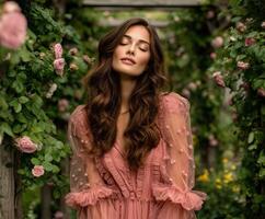 Bride in blush gown surrounded by blooming roses during wedding photo