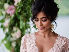 Elegant bride captured in serene garden setting at wedding photo