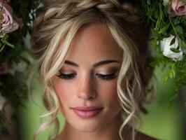 Elegant bride with floral crown in serene atmosphere photo