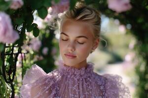Elegant bridal portrait in a blooming garden at a wedding photo
