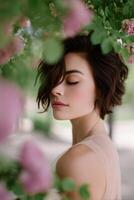 Elegant bride surrounded by blossoms during wedding ceremony photo