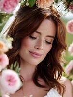 Beautiful bride surrounded by lush floral arrangements photo