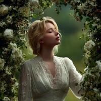 A woman in a white dress is surrounded by flowers photo