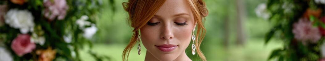 Elegant bride smiling softly during the wedding ceremony photo