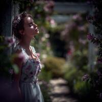 Delicate bride enjoying tranquility in a rose garden photo