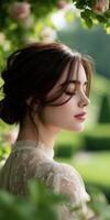 Bride in serene moment surrounded by lush greenery photo