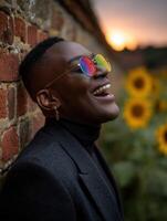 Man laughing near sunflowers at sunset with colorful sunglasses photo