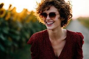 Woman enjoying sunset in sunflower field with smile photo