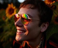 Young person smiling in sunflower field during golden hour photo