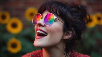 Bright summer day with a smiling woman in sunglasses photo