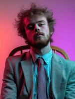 Young man posing in a chair with colorful lighting accents photo