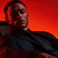 Stylish man poses confidently against illuminated background photo