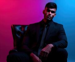 Stylish man in a suit poses confidently against colorful backdrop photo