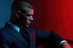 Stylish man in tailored suit with dramatic lighting photo