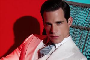 A man in a white suit and tie sitting on a chair photo