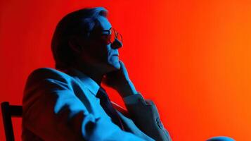 A man in a suit and tie sitting in front of an orange and red background photo