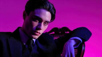 A man in a suit and tie sitting on a chair photo