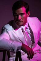 A man in a white suit sitting on a chair photo