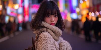 A woman wearing a sweater and scarf in a city at night photo