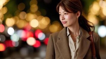 A woman in a suit and brown coat standing in front of a city street photo