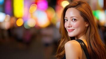 A beautiful woman posing in front of a city street photo