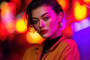 A woman with red lipstick and earrings in front of neon lights photo