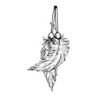 drawing of two decorative feathers with beads on a string, in detailed ink style. This black and white illustration is suitable for boho wall art, interior prints, and home decoration projects. vector