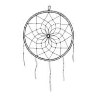 illustration of a minimal dreamcatcher base in esoteric boho style, hand-drawn in ink. Circular rope frame with hanging strings, perfect for design elements, logo templates, or spiritual vector