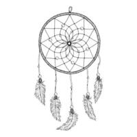 illustration of a hand-drawn esoteric dreamcatcher with feathers and beads. Created in black and white ink sketch style, suitable for boho-themed projects, tattoo design, or spiritual decor. vector