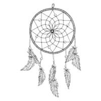 illustration of a hand drawn dreamcatcher with feathers and beads in monochrome sketch style. Suitable for print design, tattoo, boho projects, logos, stationery, packaging and decorations. vector