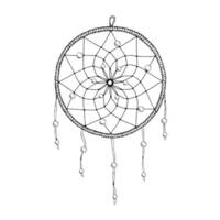 illustration of a hand drawn dreamcatcher in black and white. Circular ring with rope texture, central bead pattern and hanging threads with beads. Perfect for tattoos, logos, crafts, packaging vector