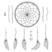 DIY dreamcatcher kit in black and white ink style. Includes frame, beads, cords, feathers. Perfect for crafting, scrapbooking, handmade projects, boho decor, and printable creative templates. vector