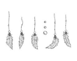 illustration of boho-style feathers and beads from a dreamcatcher, hand-drawn in monochrome ink sketch technique. Perfect for esoteric designs, tattoos, logos, prints, and crafting projects. vector