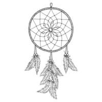 illustration of a hand-drawn dreamcatcher with feathers and beads, created in ink line art. Suitable for esoteric designs, boho themes, crafts, textile prints, and wall decor. vector