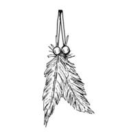 Hand drawn illustration of two decorative feathers with beads, in black and white. Suitable for textile prints, boho accessories, handmade projects, crafts, embroidery and fabric patterns. vector
