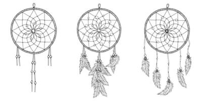 Set of three hand drawn dreamcatchers with various bead and feather designs. Black and white boho illustrations for esoteric decor, wedding stationery, DIY crafts and ethnic themes. vector