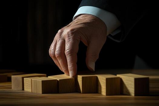 A business professional arranging wooden blocks on a table in a dimly lit office space photo