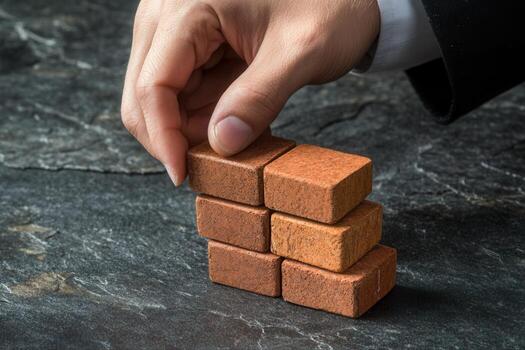 A business professional carefully stacking small bricks on a textured surface, symbolizing construction and strategy photo