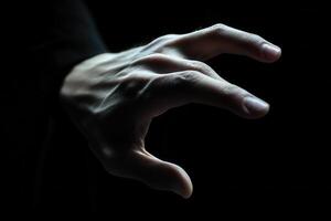 A close-up of a human hand reaching out against a dark background, evoking mystery and intrigue photo