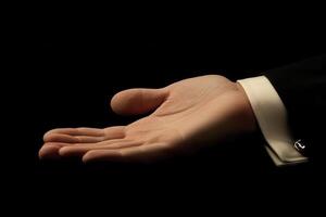 Elegant hand gesture of a suited individual against a dark background, symbolizing invitation photo