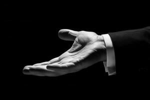 Elegant black and white image of an outstretched hand in a formal suit against a dark background photo