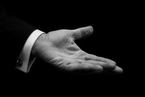Elegant hand gesture in black and white, symbolizing invitation or offering photo