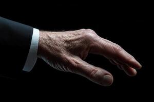Elegant human hand reaching out in a dark setting, symbolizing connection and opportunity photo