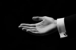 Elegant open hand gesture in a formal setting, showcasing a refined presentation style photo