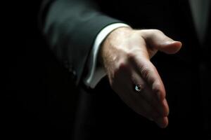 Elegant hand gesture of a man in a suit invitingly reaching out in a dimly lit setting photo