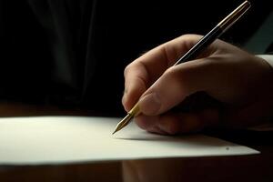 elegante mano escritura en un blanco papel con un fuente bolígrafo, iluminado suavemente en un oscuro habitación foto