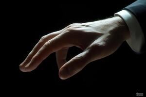 Elegant hand gesture reaching out against a dark background, suggesting connection and invitation photo