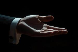 Elegant hand gesture in low light, showcasing a palm extended for a handshake or offer photo