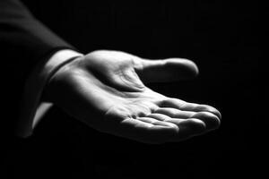 Elegant black and white image of an outstretched hand inviting connection or assistance photo